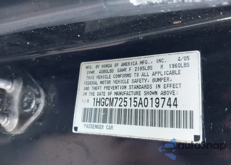 2005 Honda Accord 2.4 Lx Special Edition из США, поврежденный, VIN 1HGCM72515A019744